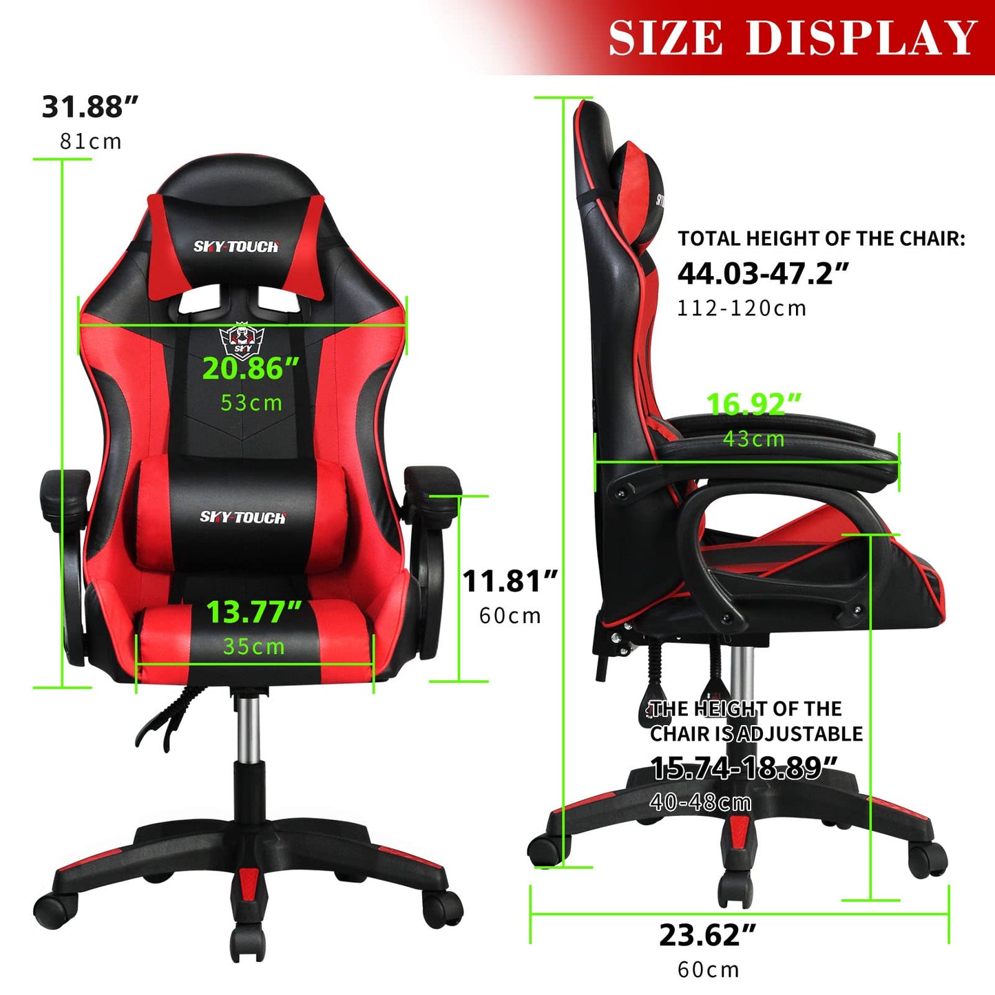SKY-TOUCH Ergonomic Gaming Desk+Gaming Chair suit,Z Shaped for Pc,with LED Lights Carbon Fiber Surface,Cup Holder and Headphone Hook,Ergonomic design Lumbar Support Adjustable Computer Chair,Red