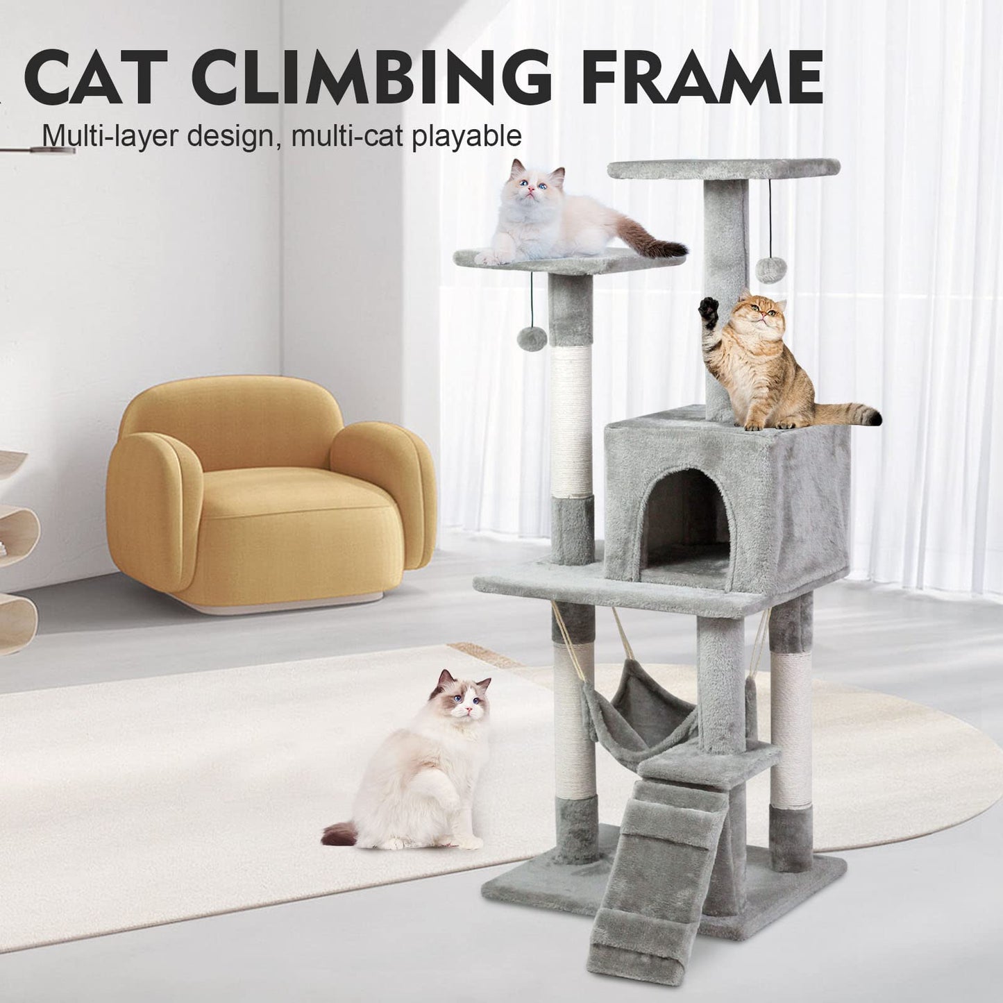 SKY-TOUCH Cat Tree 120cm, Cat Tower condo for Indoor Cats, with Sisal Scratching Posts, Cozy hammock and Ladder for Indoor Kittens Use, 120×49×39cm, Gray - Assembly accessories