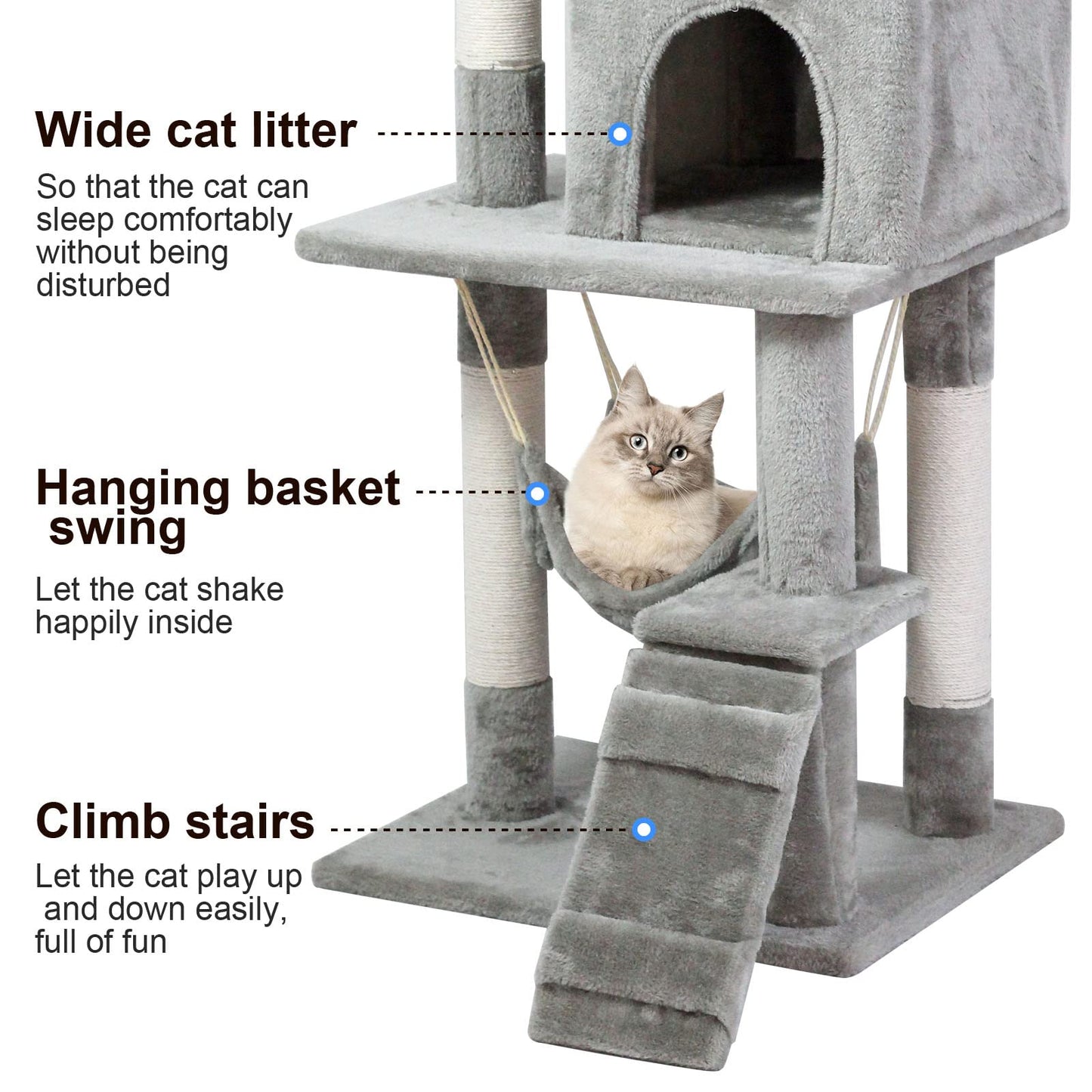 SKY-TOUCH Cat Tree 120cm, Cat Tower condo for Indoor Cats, with Sisal Scratching Posts, Cozy hammock and Ladder for Indoor Kittens Use, 120×49×39cm, Gray - Assembly accessories
