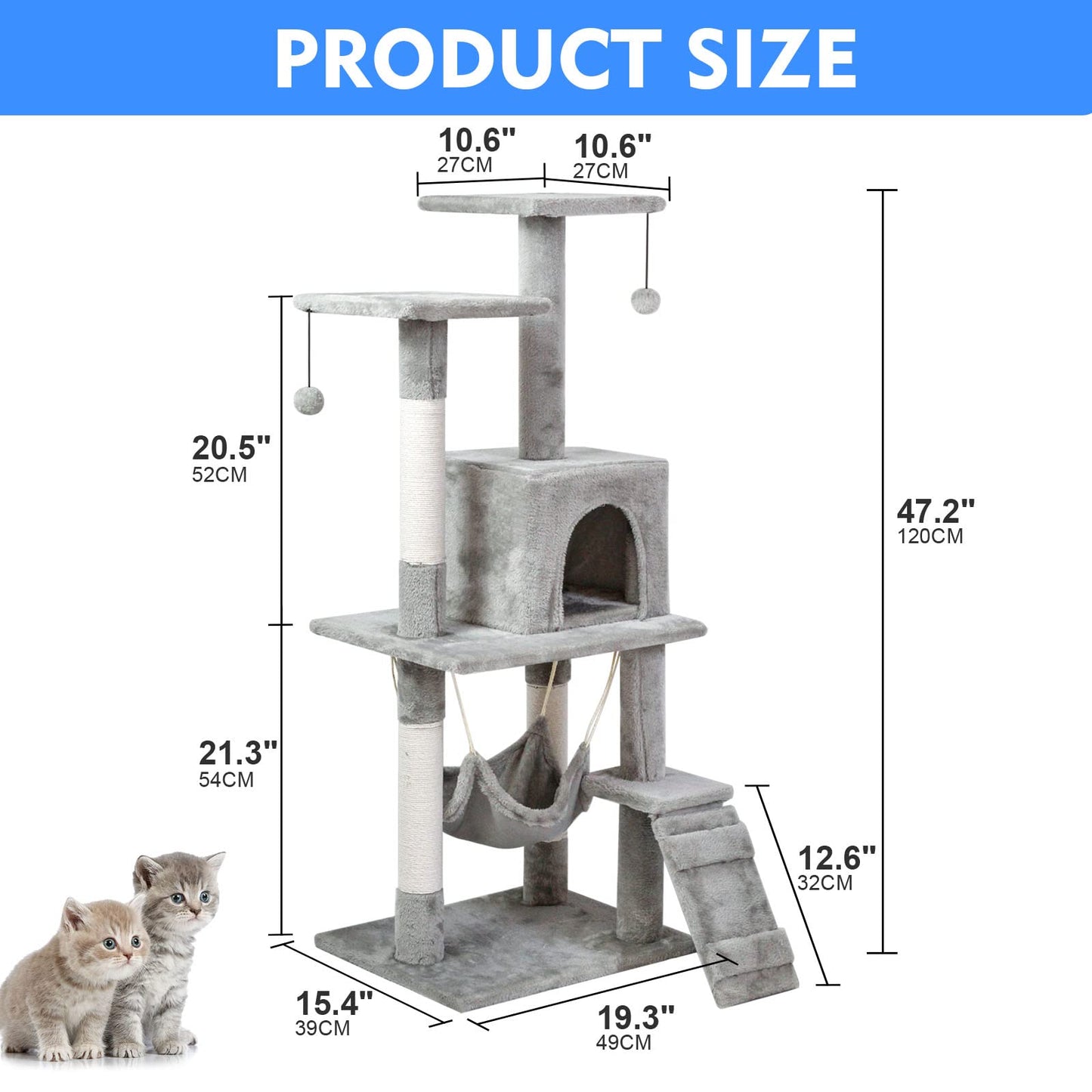 SKY-TOUCH Cat Tree 120cm, Cat Tower condo for Indoor Cats, with Sisal Scratching Posts, Cozy hammock and Ladder for Indoor Kittens Use, 120×49×39cm, Gray - Assembly accessories