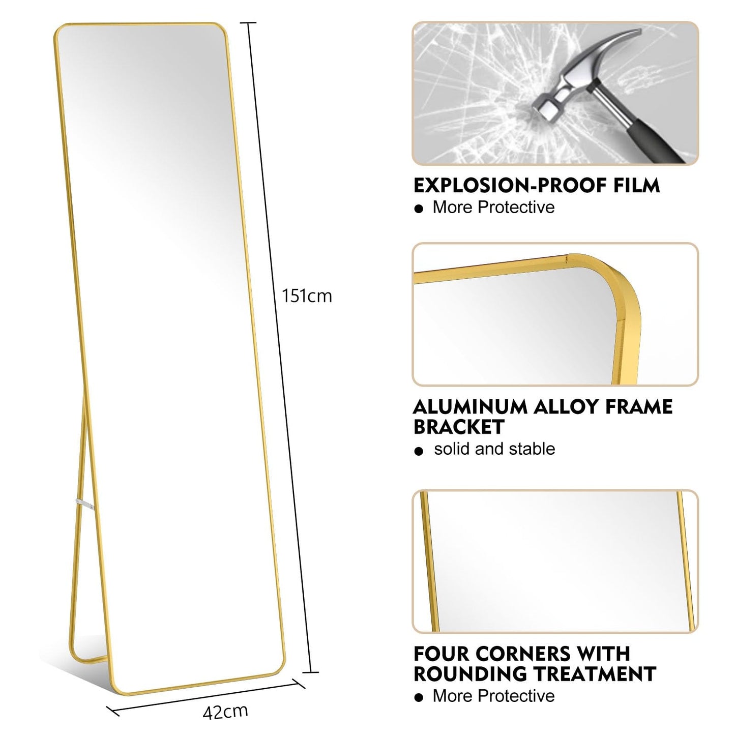 SKY-TOUCH Full Length Mirror 151x42cm, Floor Mirrors with Aluminum Alloy Frame Free-Standing Leaning Large Bedroom Dressing Mirror, Full Body Mirror with Stand for Living Room, Bedroom, Black