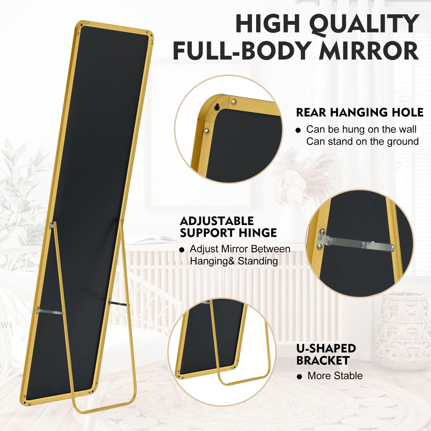 SKY-TOUCH Full Length Mirror 151x42cm, Floor Mirrors with Aluminum Alloy Frame Free-Standing Leaning Large Bedroom Dressing Mirror, Full Body Mirror with Stand for Living Room, Bedroom, Black