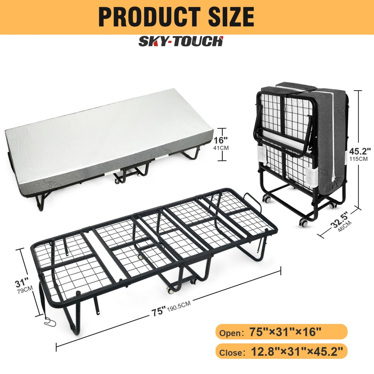 SKY-TOUCH Folding Bed 190 x 80cm with Memory Foam Mattress, Portable Foldable Beds Strong Sturdy Frame, Rollaway Beds for Home and Office