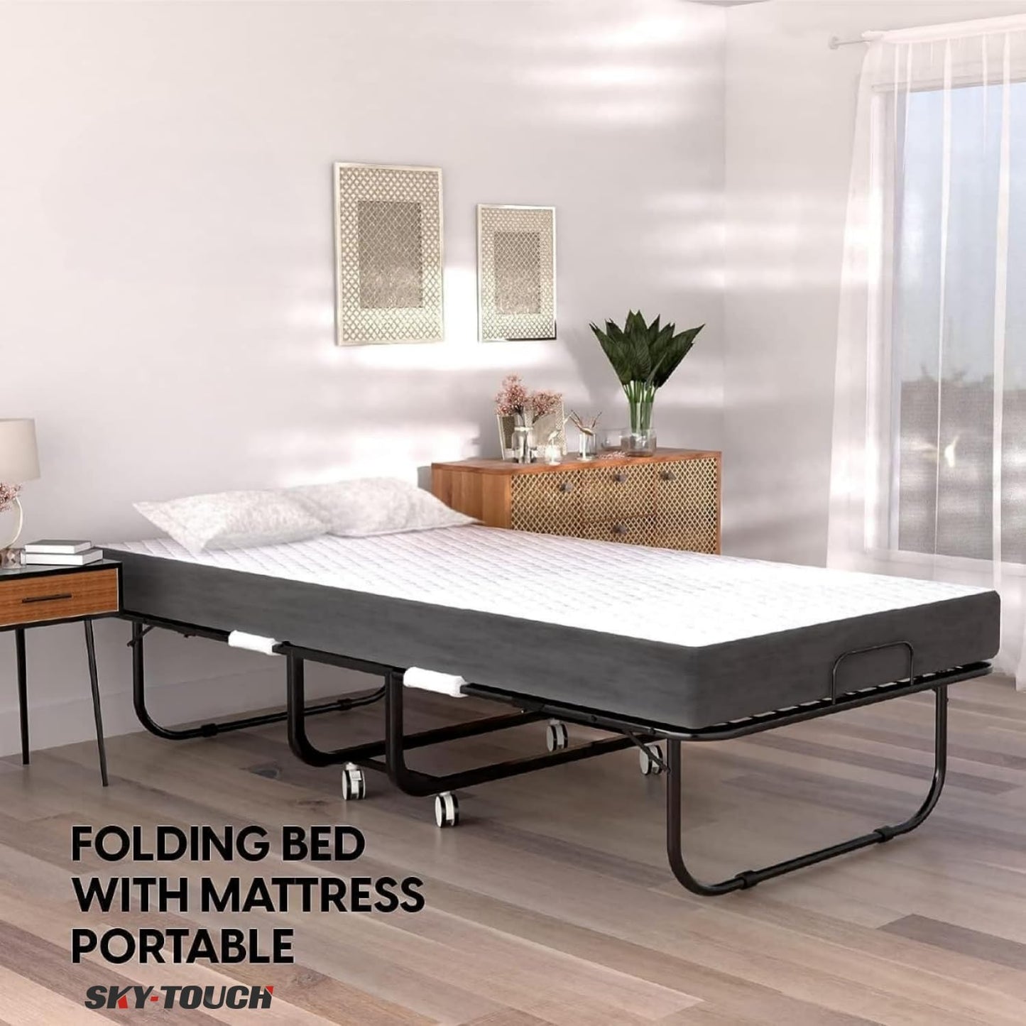 SKY-TOUCH Folding Bed 190 x 80cm with Memory Foam Mattress, Portable Foldable Beds Strong Sturdy Frame, Rollaway Beds for Home and Office