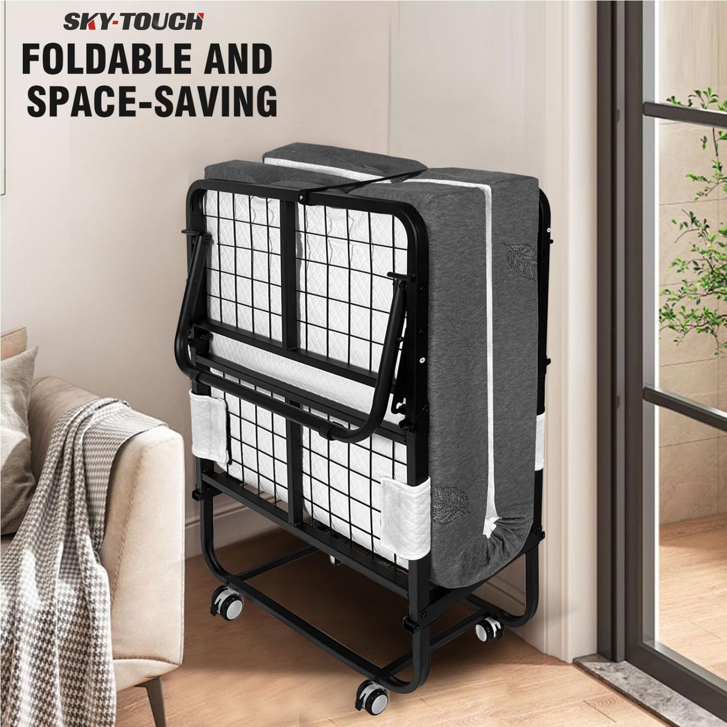 SKY-TOUCH Folding Bed 190 x 80cm with Memory Foam Mattress, Portable Foldable Beds Strong Sturdy Frame, Rollaway Beds for Home and Office