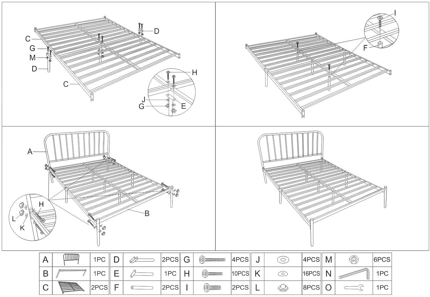 SKY-TOUCH Iron Platform Bed, Sturdy Platform Bed Frame with Heavy Duty Metal Platform, Iron-Art Headboard/Footboard/Under Bed Storage/No Box Spring Needed, Black - 1.5x1.9m