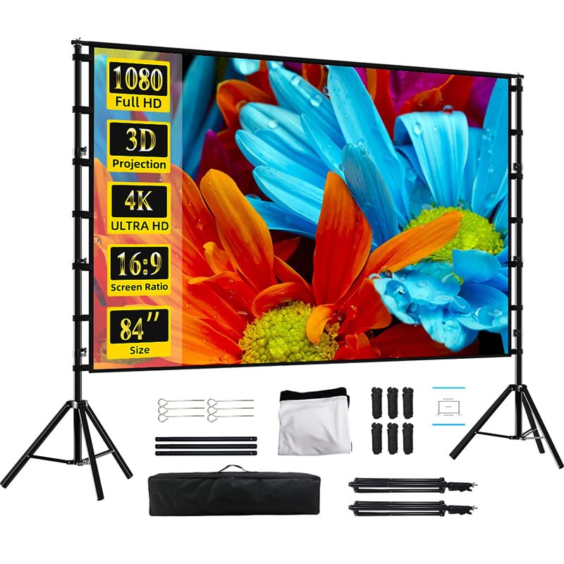 SKY-TOUCH Projector Screen with Stand, 100 inch 16:9 Portable Projection Screen with 2M High Tripod Stand and Carry Bag, Wrinkle-Free Video Projection Screens, for Home Cinema, Meeting Backyard