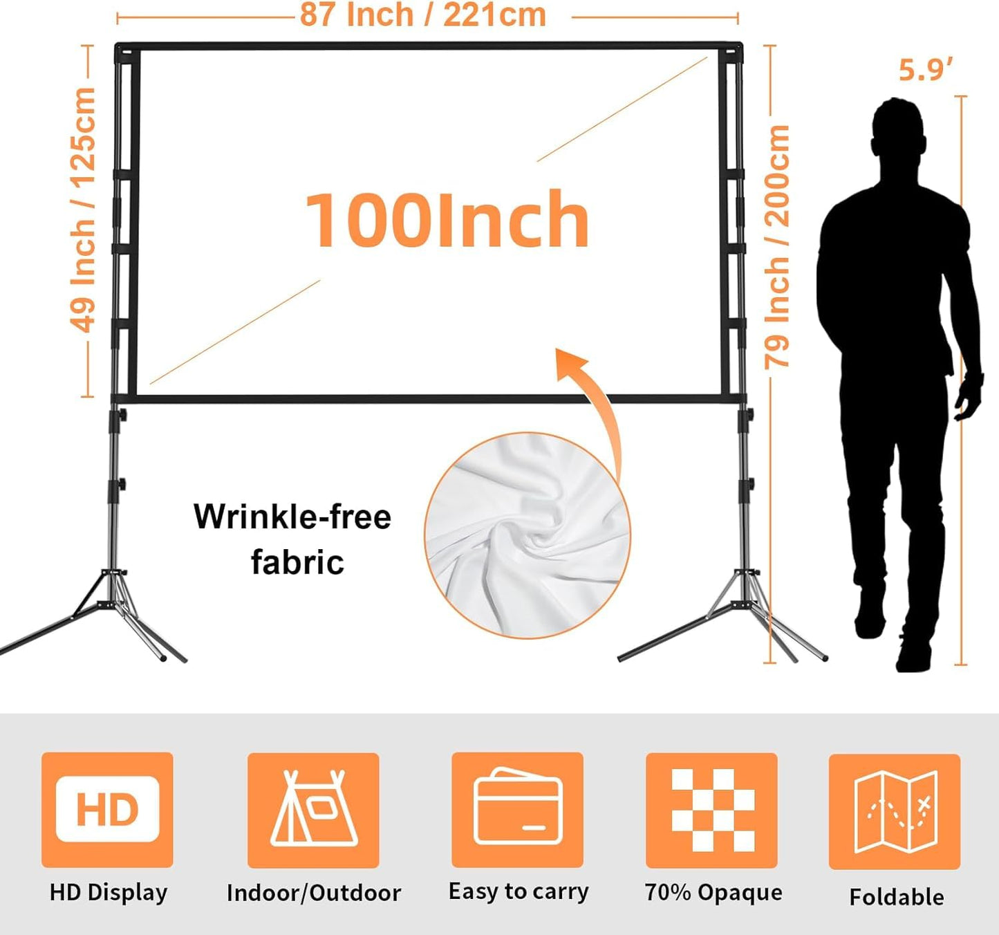 SKY-TOUCH Projector Screen with Stand, 100 inch 16:9 Portable Projection Screen with 2M High Tripod Stand and Carry Bag, Wrinkle-Free Video Projection Screens, for Home Cinema, Meeting Backyard