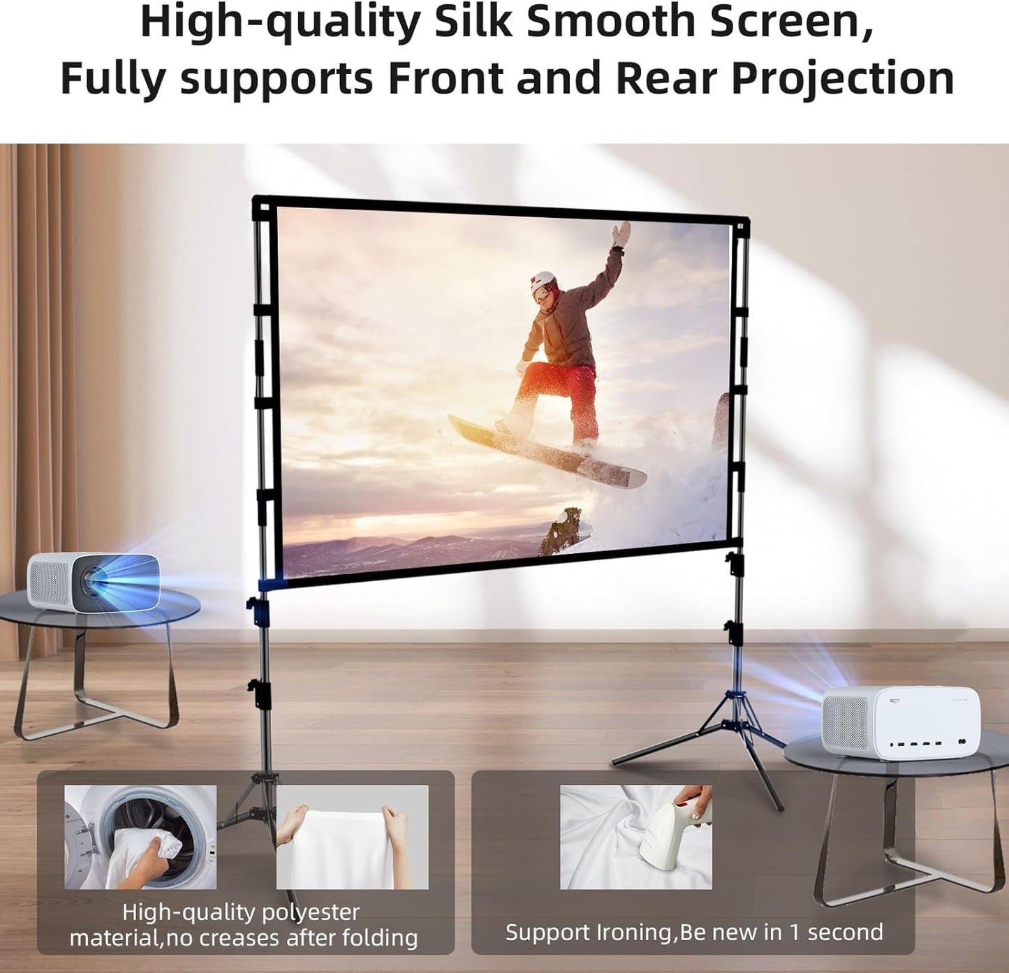 SKY-TOUCH Projector Screen with Stand, 100 inch 16:9 Portable Projection Screen with 2M High Tripod Stand and Carry Bag, Wrinkle-Free Video Projection Screens, for Home Cinema, Meeting Backyard