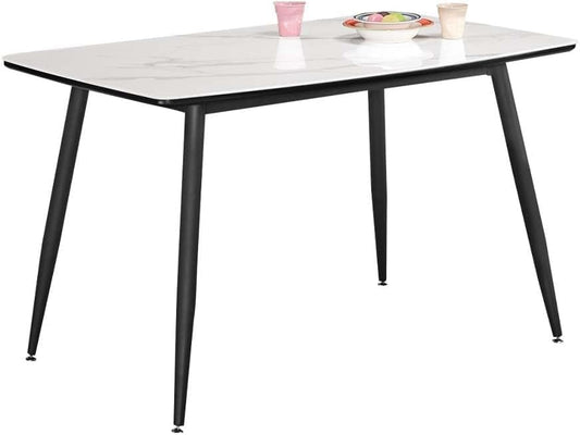 SKY-TOUCH New upgrade Modern Kitchen Dining Table,Rock Board Desktop Dining Table 140×80×75cm,Wooden Board Stably Connect to Desktop,Black Iron Table Legs - Installation Instructions Inside