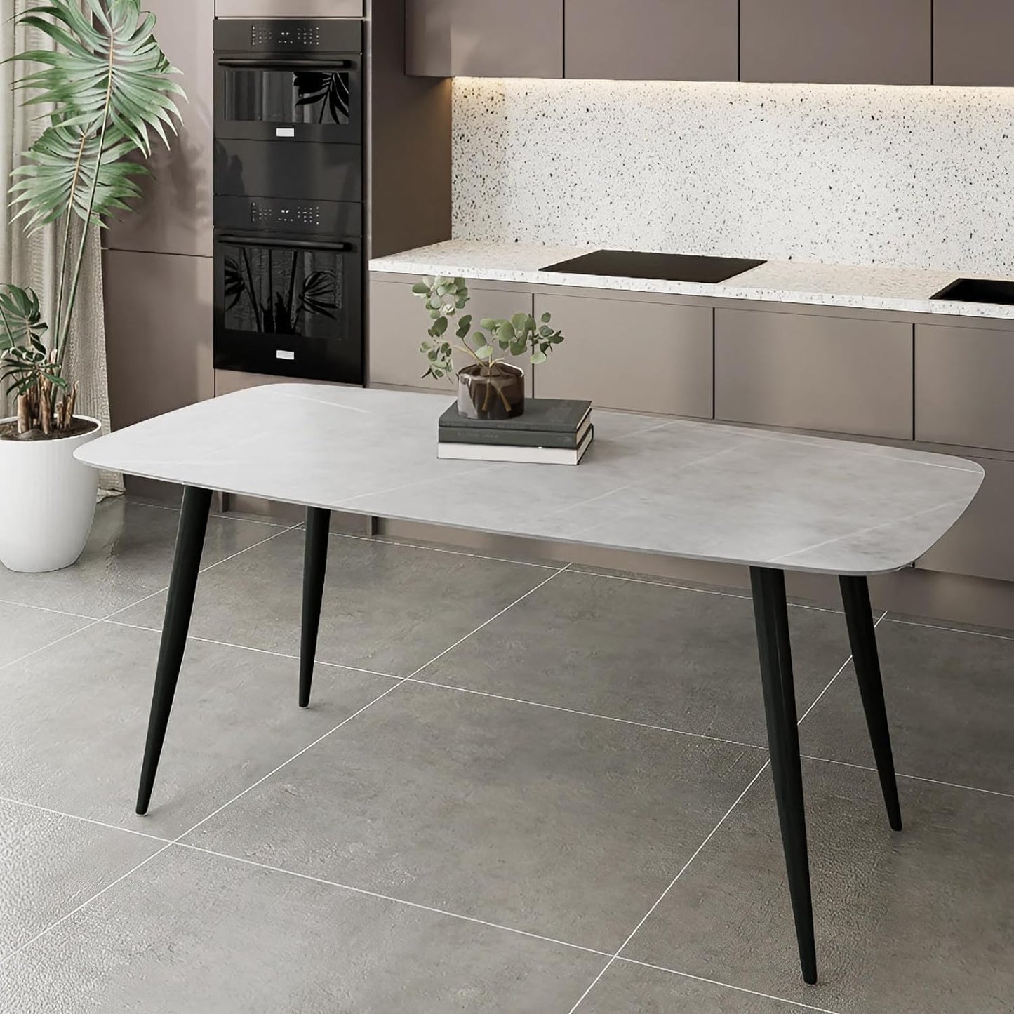 SKY-TOUCH New upgrade Modern Kitchen Dining Table,Rock Board Desktop Dining Table 140×80×75cm,Wooden Board Stably Connect to Desktop,Black Iron Table Legs - Installation Instructions Inside