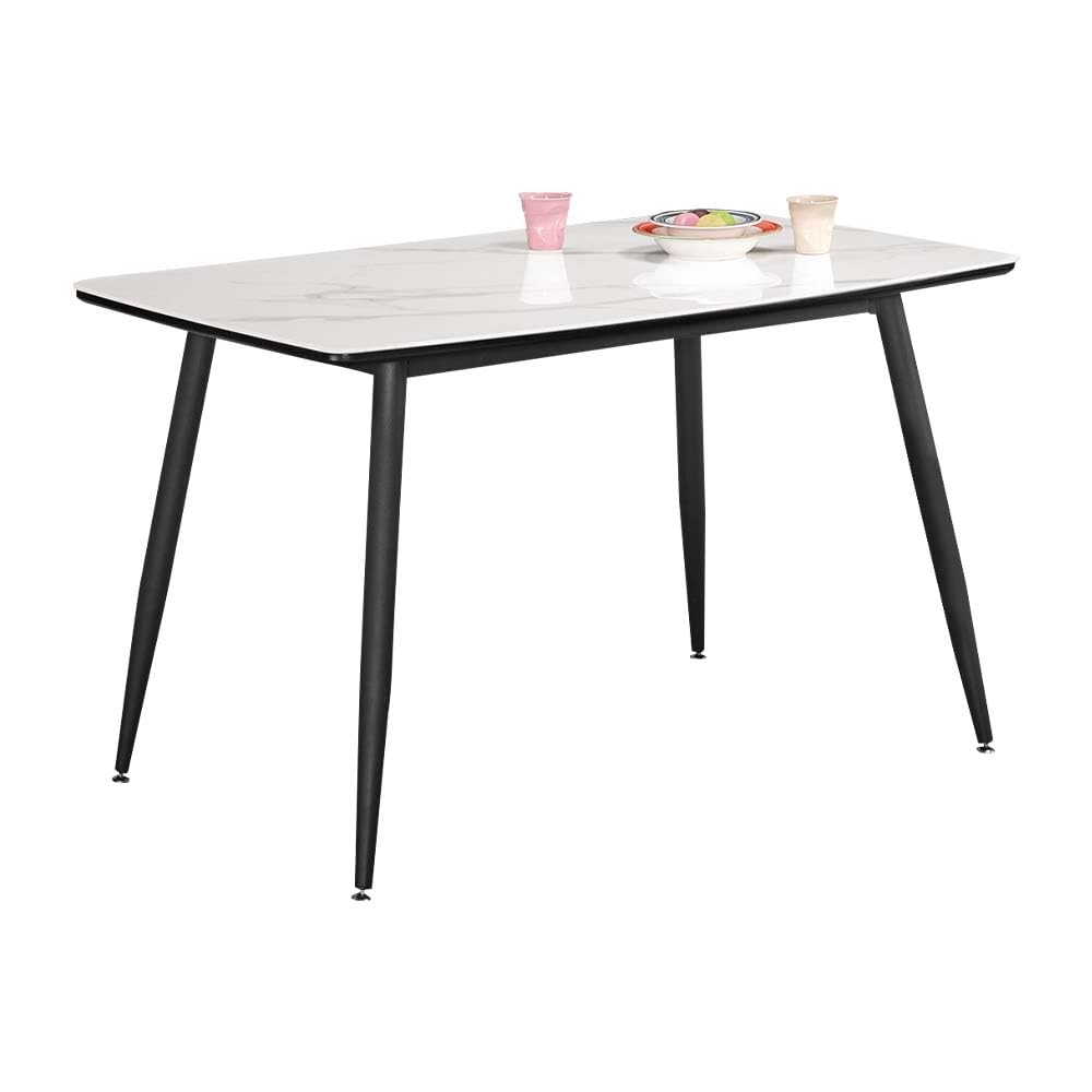 SKY-TOUCH New upgrade Modern Kitchen Dining Table,Rock Board Desktop Dining Table 140×80×75cm,Wooden Board Stably Connect to Desktop,Black Iron Table Legs - Installation Instructions Inside