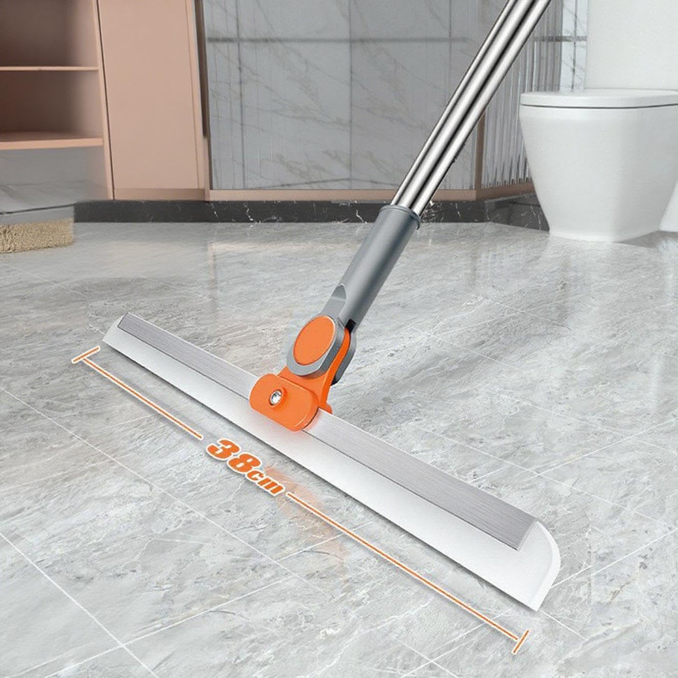 SKY-TOUCH Multi-Purpose Silicone Floor Squeegee，38cm Dual-Head with 110cm Extendable Stainless Steel Handle, Orange, for Bathroom, Kitchen, Windows, and Smooth Floors Include 1 Wall Hook