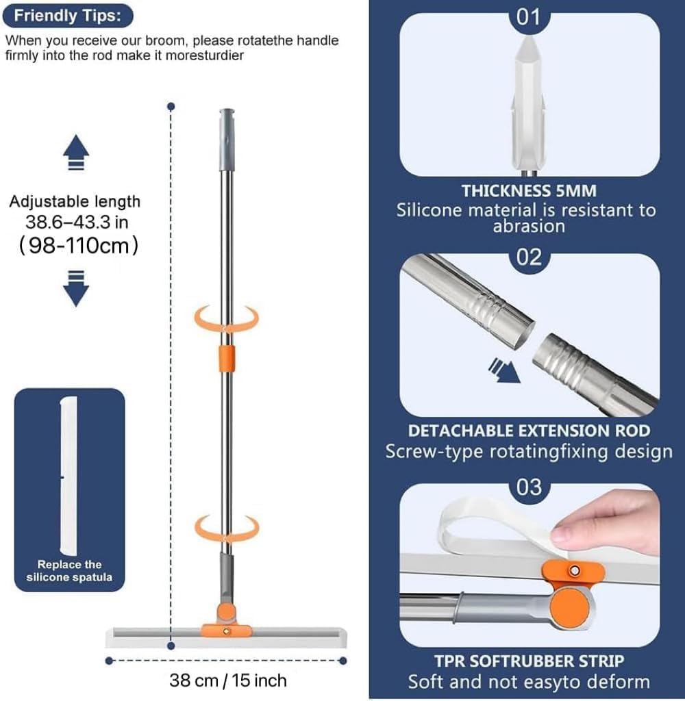 SKY-TOUCH Multi-Purpose Silicone Floor Squeegee，38cm Dual-Head with 110cm Extendable Stainless Steel Handle, Orange, for Bathroom, Kitchen, Windows, and Smooth Floors Include 1 Wall Hook