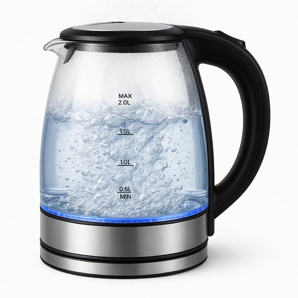 SKY-TOUCH Electric Kettle, 2L 1500W Glass Hot Water Boiler & Tea Pot, BPA-Free Borosilicate Glass, LED Indicator, Auto Shut Off & Boil-Dry Protection, Stainless Steel Bottom