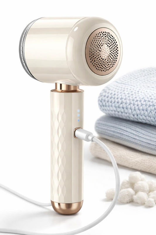 SKY-TOUCH Rechargeable Fabric Shaver, Portable Hairball Trimmer with 6 Leaf Cutter Heads, Large Lint Storage Box, Portable Design for Clothes Furniture Sofa Carpet Sweater, Beige Color