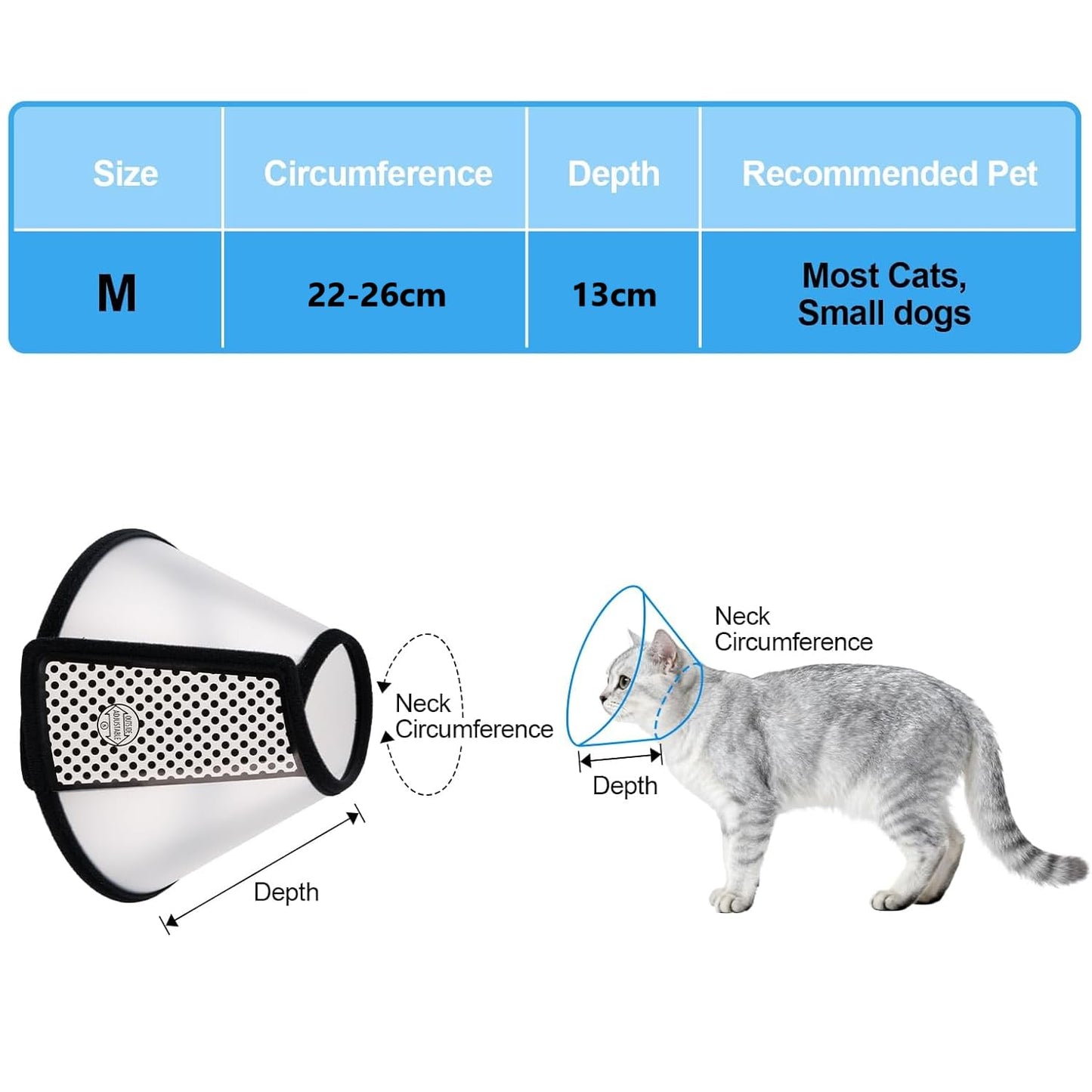 SKY-TOUCH Adjustable Cat Recovery Cone, Lightweight Plastic Elizabeth Collar for Cats, Kittens, and Small Dogs After Surgery, Soft Protective E-Collar to Prevent Licking and Biting Wounds(M 22-26cm)