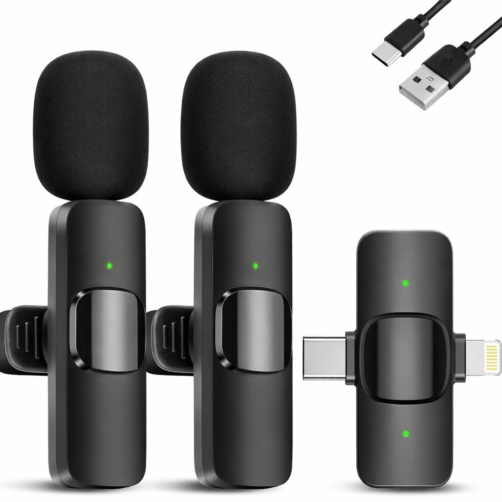 SKY-TOUCH Wireless Lavalier Microphone, for Android/iPhone/Laptop, Mini Lapel Microphone for Noise Canceling Lapel Mic for Interview, Video, Vlog, YouTube, (2TX+1RX)