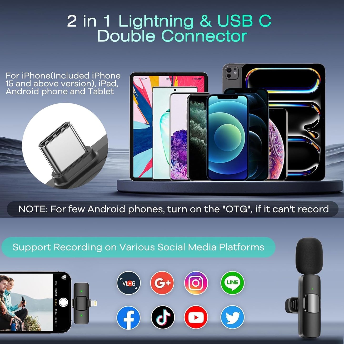 SKY-TOUCH Wireless Lavalier Microphone, for Android/iPhone/Laptop, Mini Lapel Microphone for Noise Canceling Lapel Mic for Interview, Video, Vlog, YouTube, (2TX+1RX)