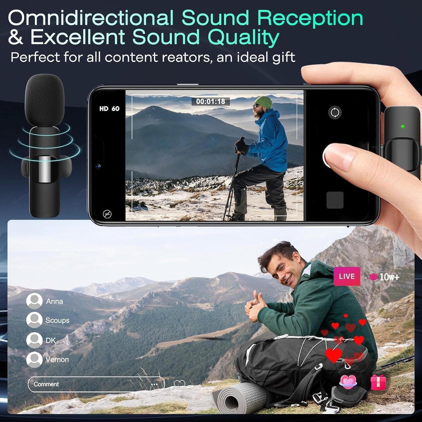 SKY-TOUCH Wireless Lavalier Microphone, for Android/iPhone/Laptop, Mini Lapel Microphone for Noise Canceling Lapel Mic for Interview, Video, Vlog, YouTube, (2TX+1RX)
