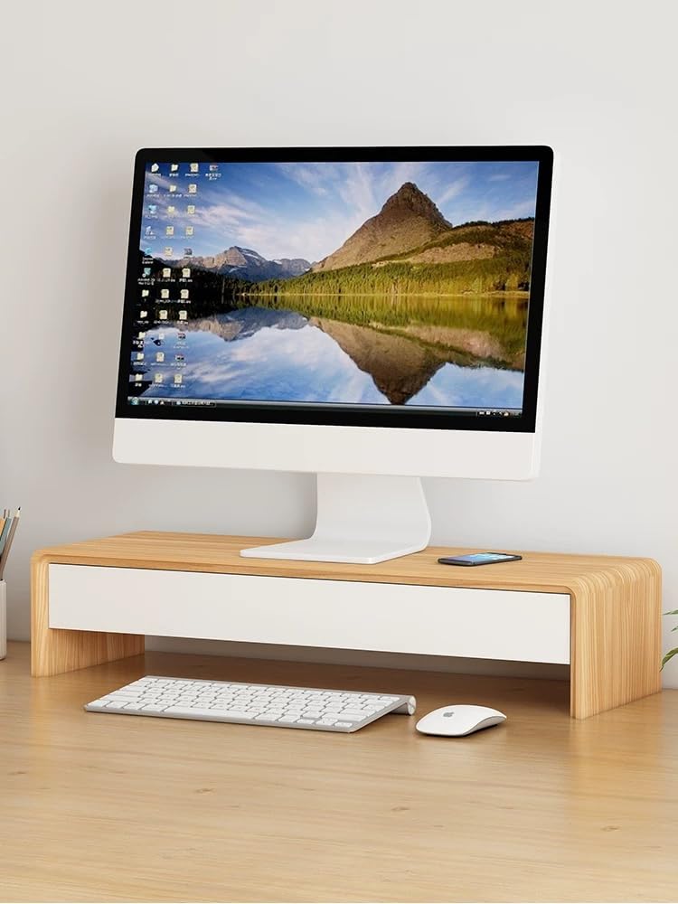 SKY-TOUCH Monitor Stand , Desktop Computer Stand with Storage Drawer & Tablet/Phone Slot, Foldable Monitor Riser for Laptop, PC, iMac, Printer, Desk Organizer for Home & Office ,48*20*13cm