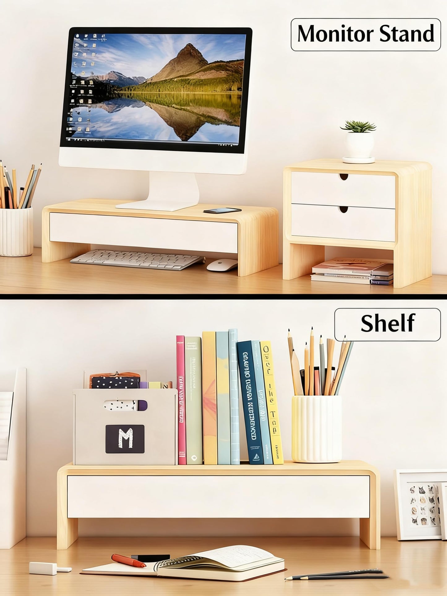 SKY-TOUCH Monitor Stand , Desktop Computer Stand with Storage Drawer & Tablet/Phone Slot, Foldable Monitor Riser for Laptop, PC, iMac, Printer, Desk Organizer for Home & Office ,48*20*13cm