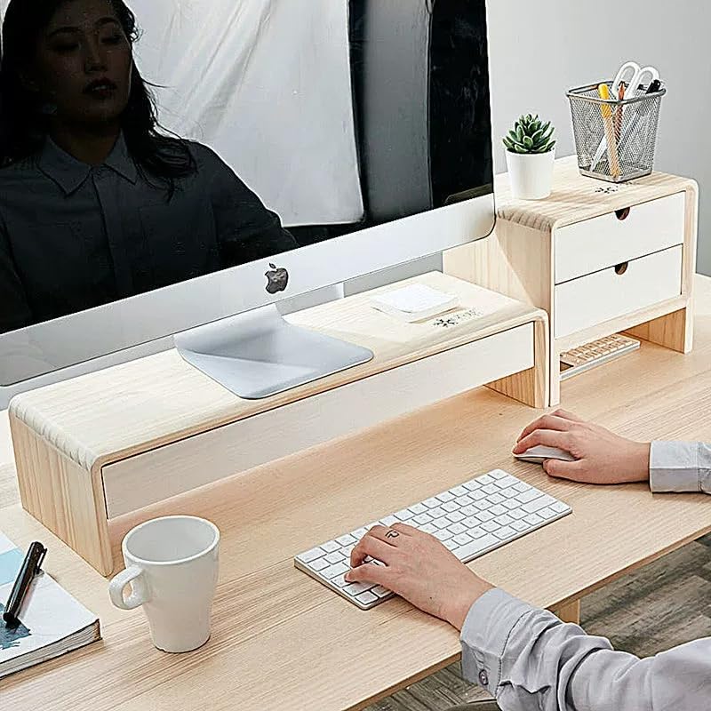 SKY-TOUCH Monitor Stand , Desktop Computer Stand with Storage Drawer & Tablet/Phone Slot, Foldable Monitor Riser for Laptop, PC, iMac, Printer, Desk Organizer for Home & Office ,48*20*13cm