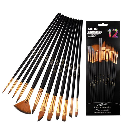 SKY-TOUCH Acrylic Paint Brushes Set, 12 Pcs Artist Paint Brush Kit with Nylon Hair for Acrylic Oil Watercolor Gouache Painting – Multiple Brush Shapes for Canvas, Rock, Face & Miniature Art Supplies
