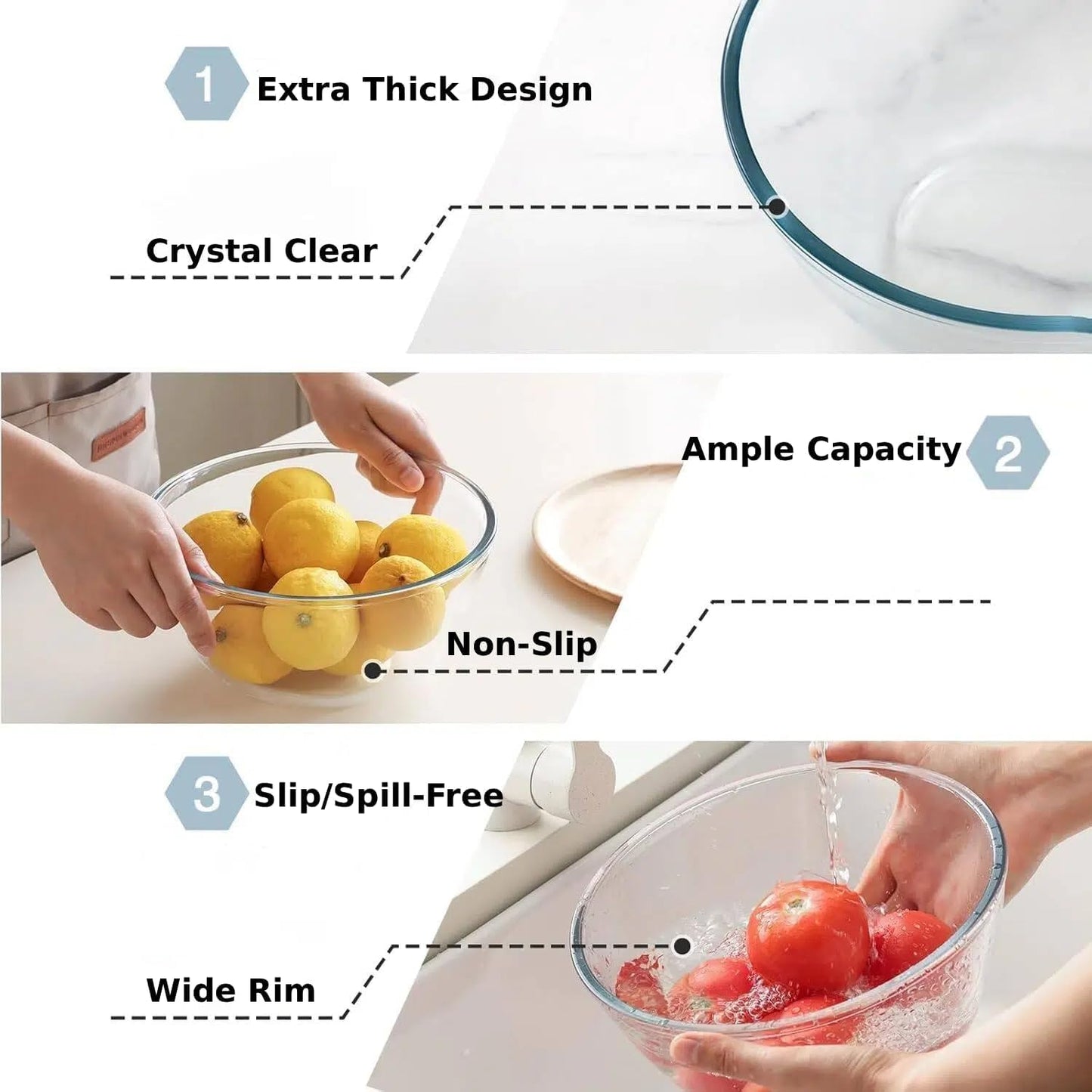 SKY-TOUCH 2 PCS Glass Mix Bowl Set, Round Glass Bowl, Salad Bowl Glass for Kitchen, Baking, Prepping, Serving, Cooking, Stackable, Non-toxic, Microwavable, L Size: 26.5 x 11cm, S Size: 22.5 x 10cm