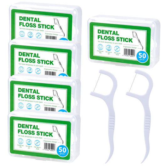 SKY-TOUCH 250 Count Dental Floss Picks – Extra Strong Dental Floss for Deep Cleaning, Comfortable Anti-Slip Handle, 50 Picks Per Portable Box for Home, Office, Travel, and Family Oral Care