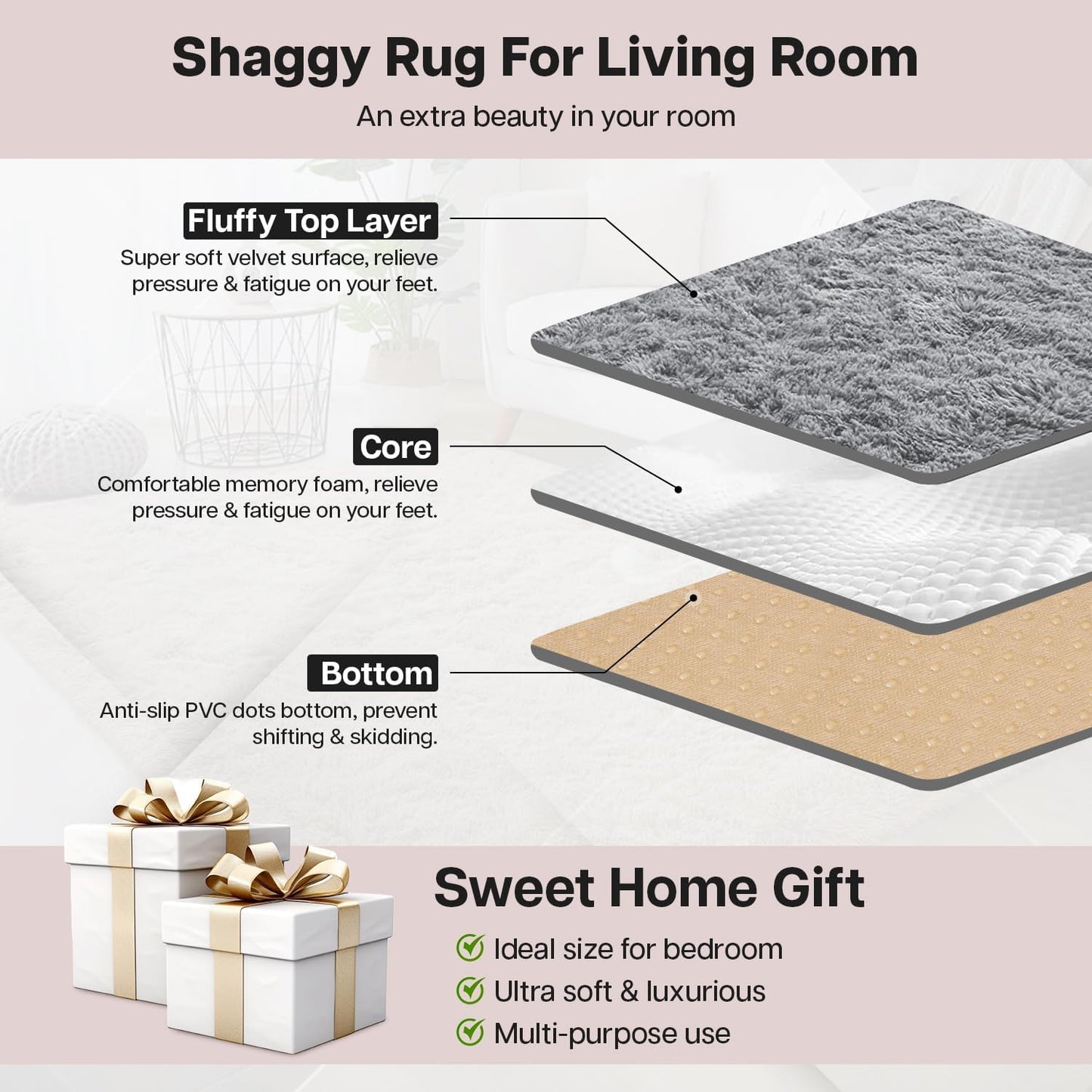 SKY-TOUCH Soft Shaggy Area Rug for Living Room & Bedroom, Fluffy Non-Slip Carpet, Modern Luxury Fur Design, Plush Floor Mat for Kids Room, Nursery, and Home Decor (Light Gray, 60 x 110 cm)