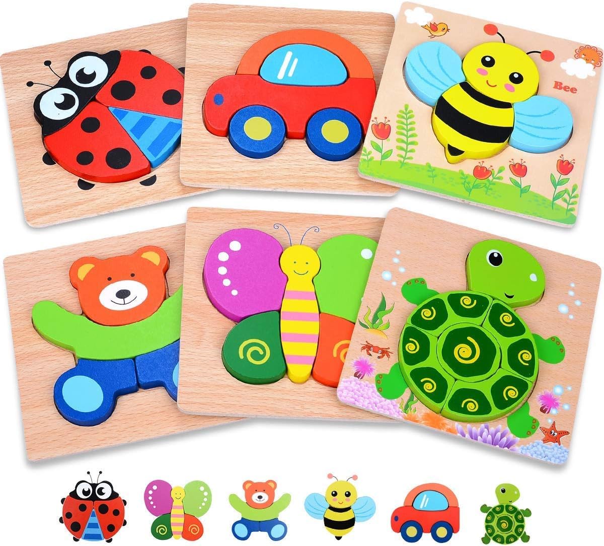 SKY-TOUCH Wooden Toddler Puzzles - 6 Animal Shapes for 1 2 3 Year Old Boys Girls, Montessori STEM Educational Learning Travel Toys, Eco-Friendly Gift