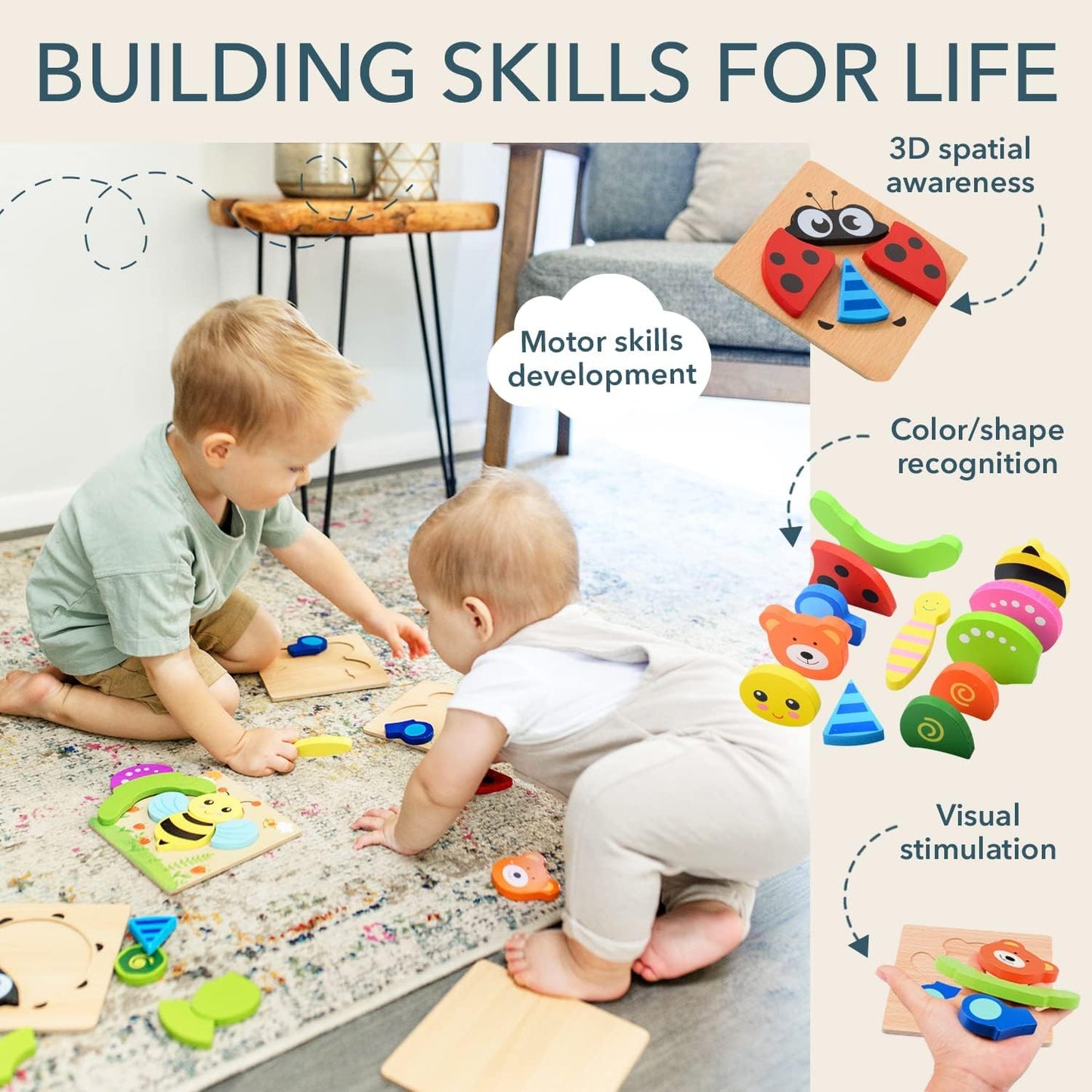 SKY-TOUCH Wooden Toddler Puzzles - 6 Animal Shapes for 1 2 3 Year Old Boys Girls, Montessori STEM Educational Learning Travel Toys, Eco-Friendly Gift