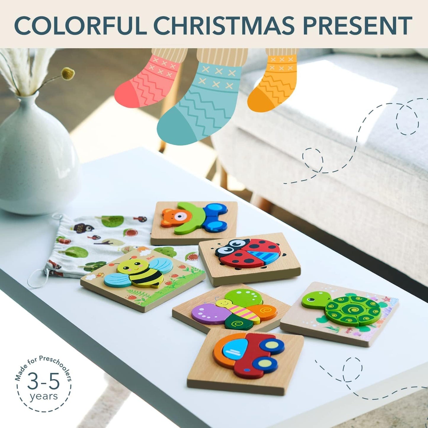 SKY-TOUCH Wooden Toddler Puzzles - 6 Animal Shapes for 1 2 3 Year Old Boys Girls, Montessori STEM Educational Learning Travel Toys, Eco-Friendly Gift