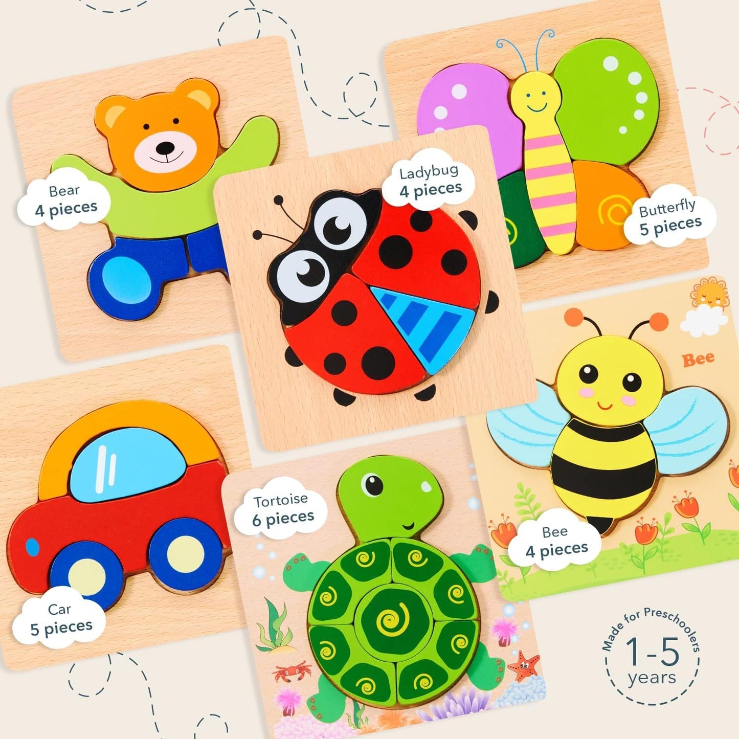 SKY-TOUCH Wooden Toddler Puzzles - 6 Animal Shapes for 1 2 3 Year Old Boys Girls, Montessori STEM Educational Learning Travel Toys, Eco-Friendly Gift