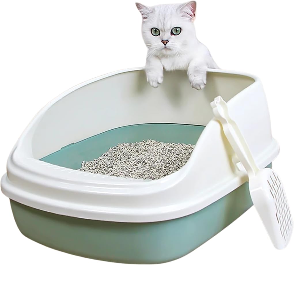 SKY-TOUCH Cat Litter Tray Box,Litter Box with High Side,Anti-Splashing Cats Litters Box,Cat Toilet with Litter Sifting Scoop, Filtered Litter Pedal,Detachable Rim,Easy Cleaning,51 * 38 * 22cm,Green