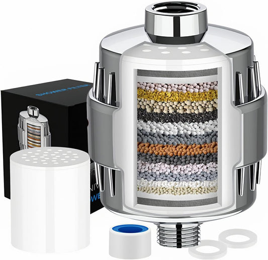 SKY-TOUCH 20-Stage Shower Filter for Hard Water – Removes Chlorine, Fluoride & Heavy Metals– Improves Skin, Hair & Nails, Reduces Dry Itchy Skin & Dandruff, 1 Cartridge Included (Chrome Finish)