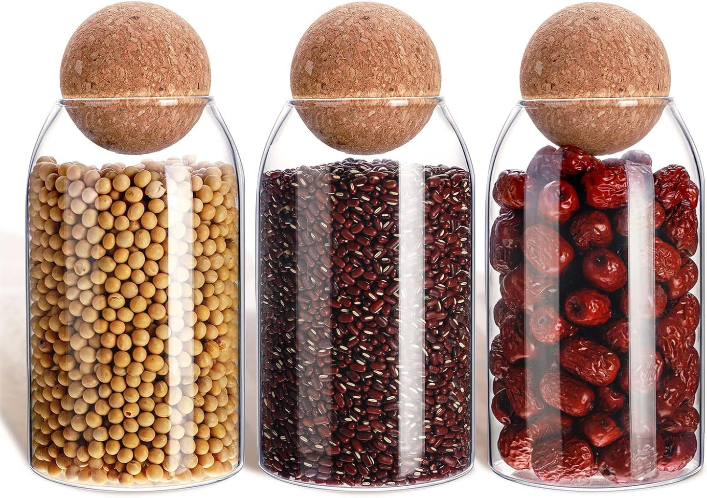 SKY-TOUCH 3-Pack  Glass Storage Jars with Ball Cork Lid – Airtight Sealed Canister for Food, Spices, Coffee, Tea, and More – Decorative Glass Organizer with Wooden Lid