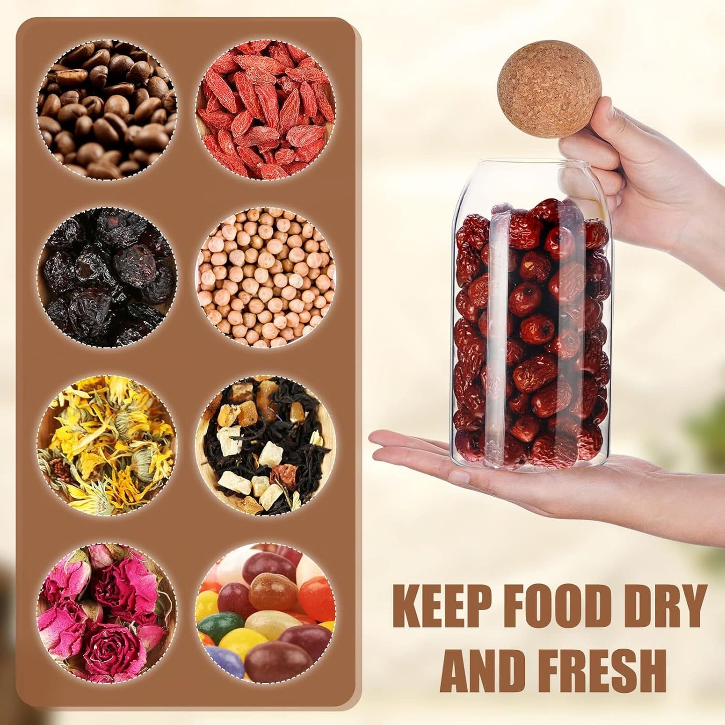 SKY-TOUCH 3-Pack  Glass Storage Jars with Ball Cork Lid – Airtight Sealed Canister for Food, Spices, Coffee, Tea, and More – Decorative Glass Organizer with Wooden Lid