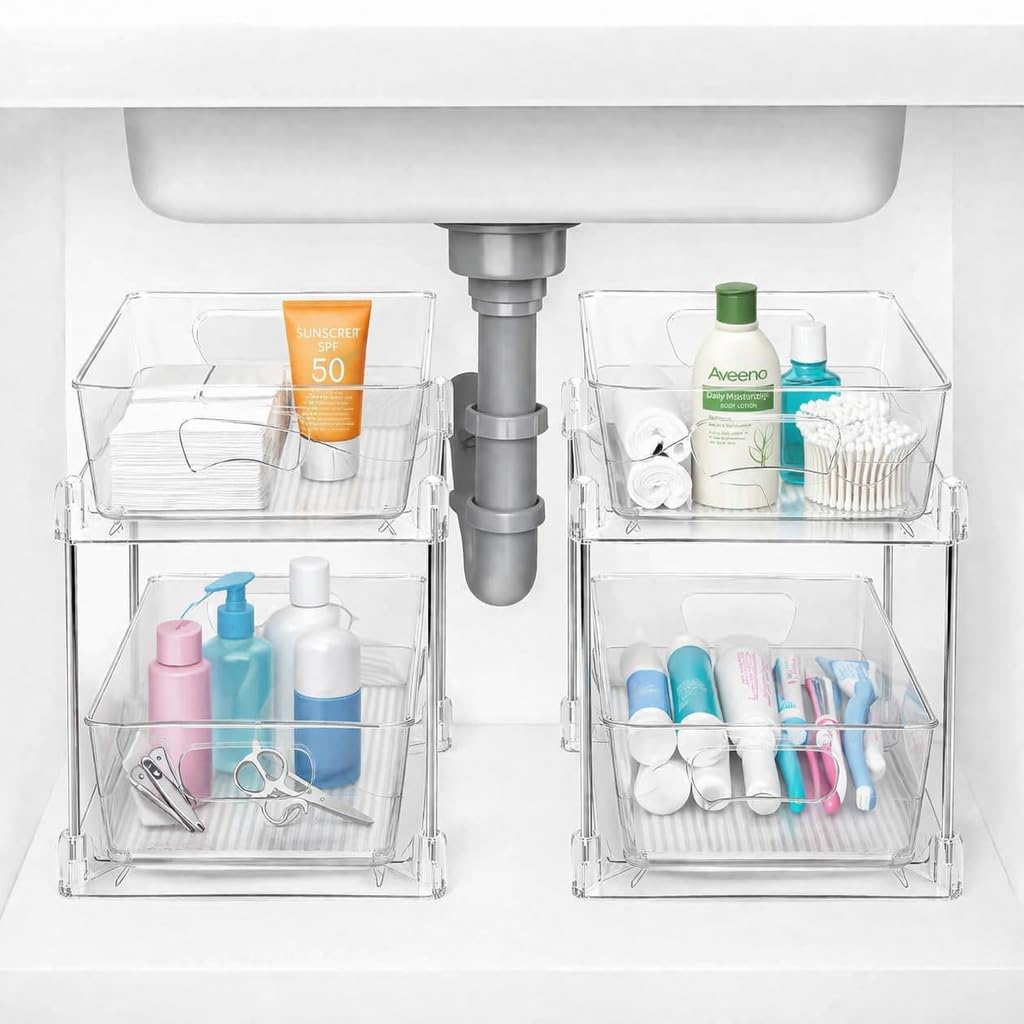 SKY-TOUCH 2-Tier Pull Out Kitchen and Bathroom Storage Shelf, Under Sink Storage Organizer, Multifunction Pull-Out Organization for Snacks, Spices, Medicine, and Cosmetics, 32x18x21cm