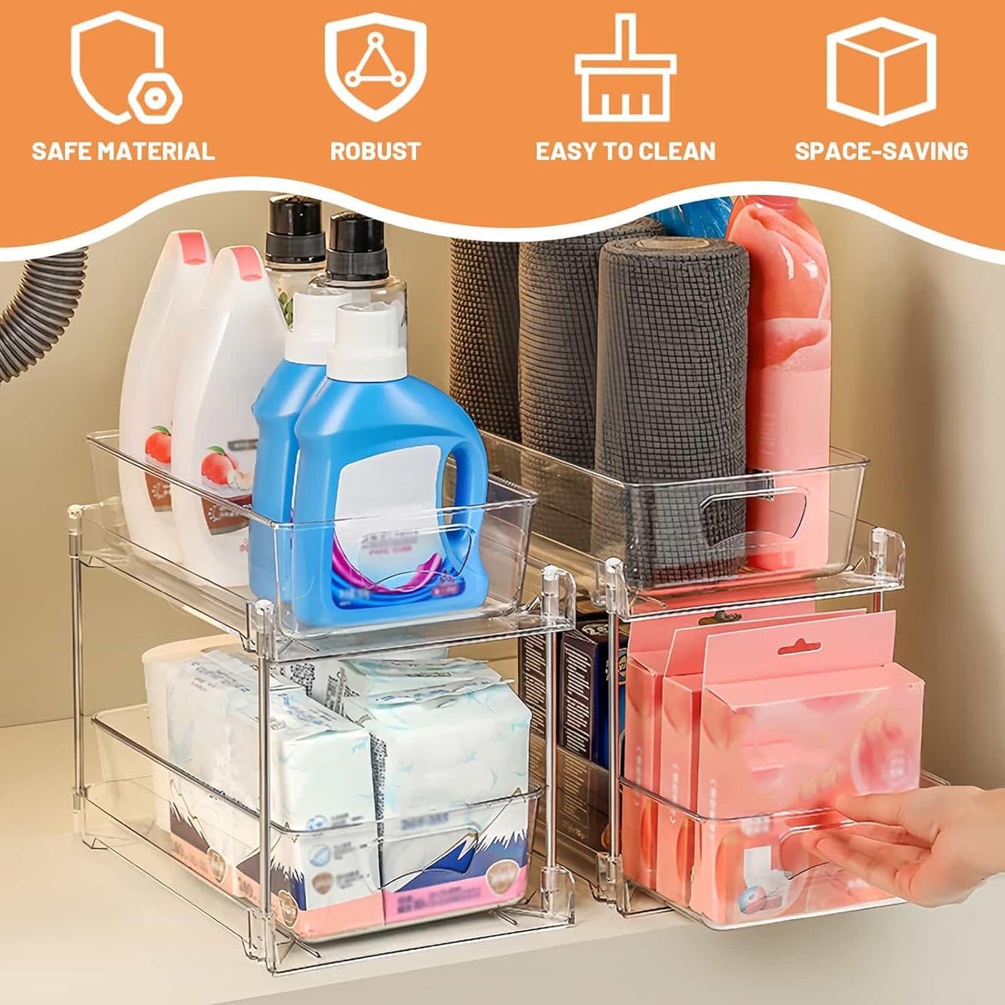 SKY-TOUCH 2-Tier Pull Out Kitchen and Bathroom Storage Shelf, Under Sink Storage Organizer, Multifunction Pull-Out Organization for Snacks, Spices, Medicine, and Cosmetics, 32x18x21cm