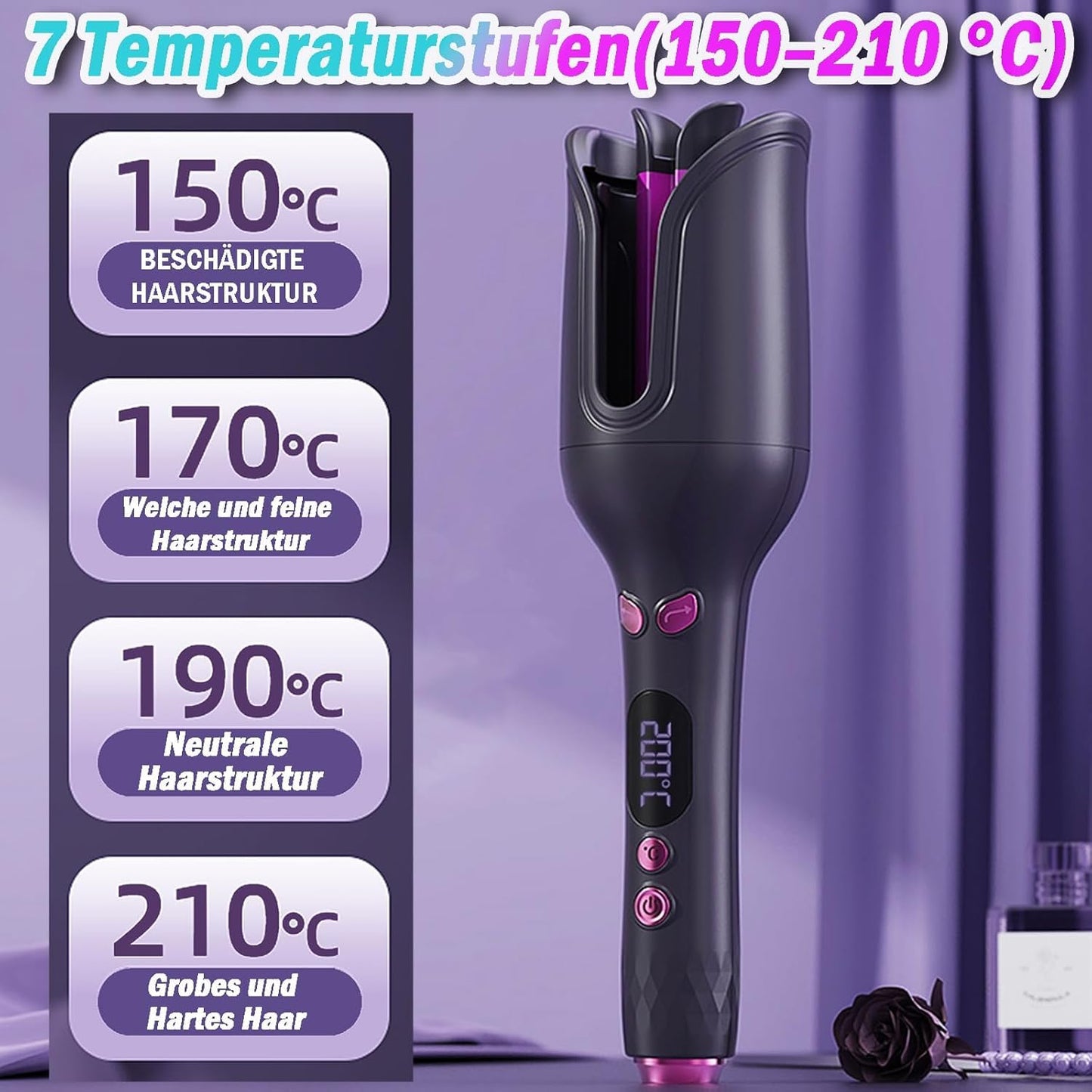 SKY-TOUCH Automatic Curling Iron, Ceramic Rotating Curling Iron, Anti- Hot and Anti- Stuck Hair, Fast Heating Spin Iron for Long Short Hair Styling, 4 Temperature Settings, 31.5x5.5cm