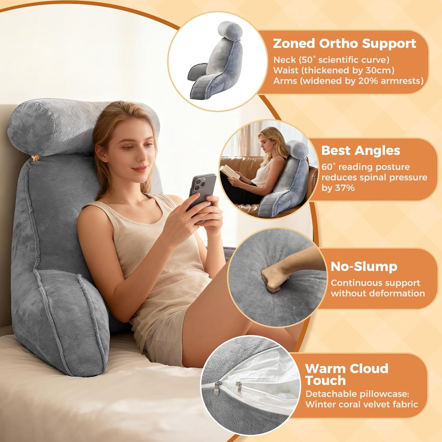 SKY-TOUCH Reading Pillow with Arms & Detachable Neck Roll – Memory Foam Reading Pillow for Bed or Sofa, Comfortable Support for Sitting, Reading, TV, Gaming - 75x40x68cm