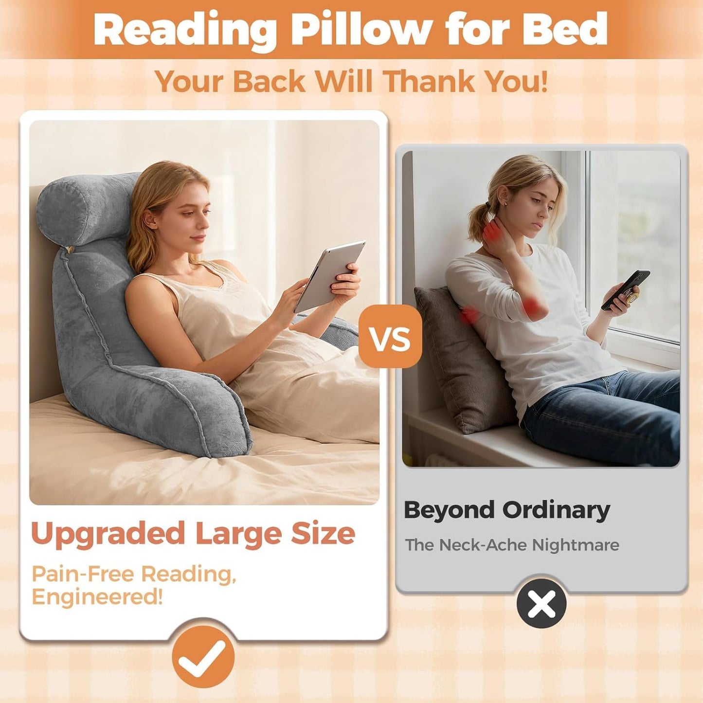 SKY-TOUCH Reading Pillow with Arms & Detachable Neck Roll – Memory Foam Reading Pillow for Bed or Sofa, Comfortable Support for Sitting, Reading, TV, Gaming - 75x40x68cm