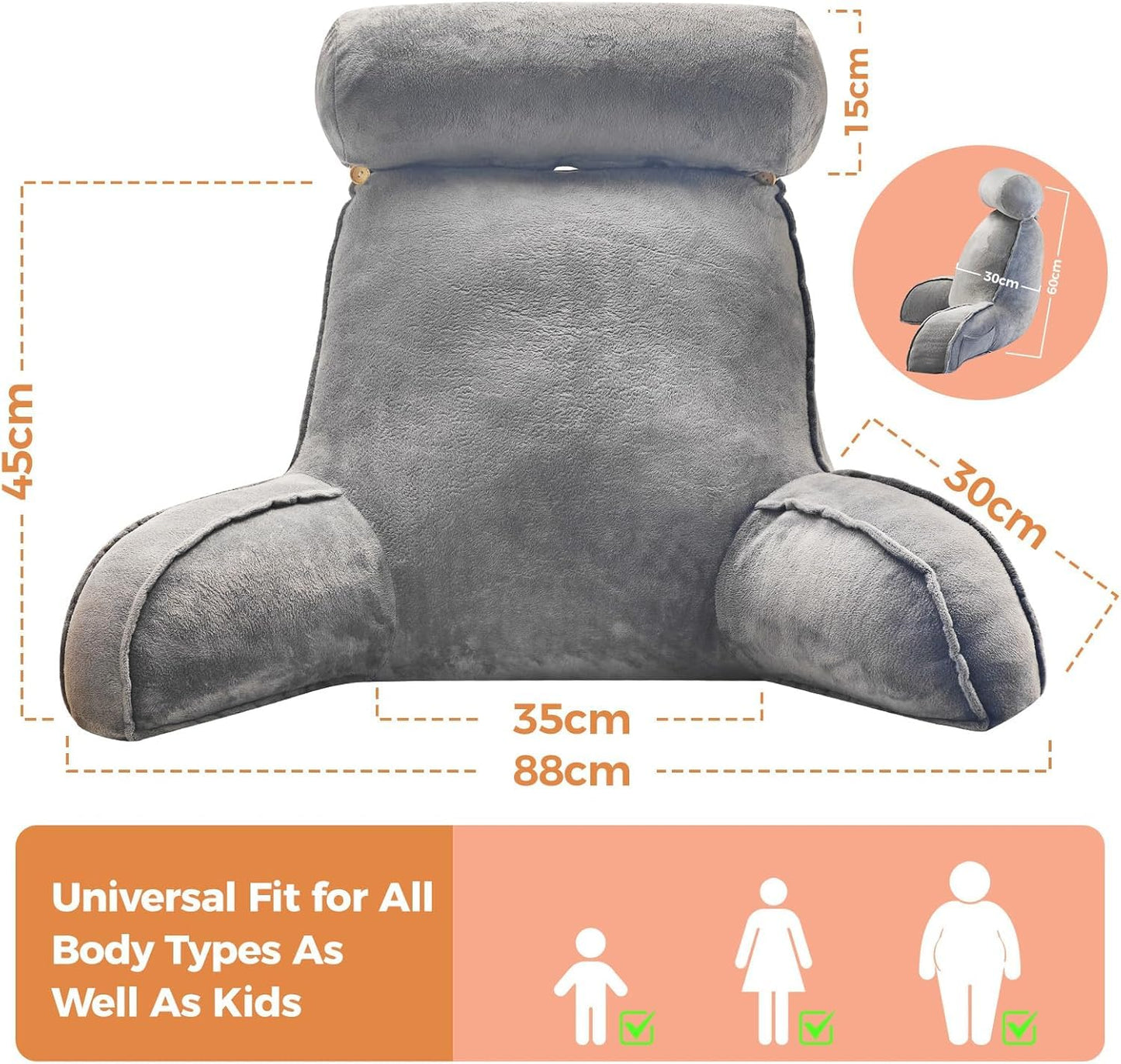 SKY-TOUCH Reading Pillow with Arms & Detachable Neck Roll – Memory Foam Reading Pillow for Bed or Sofa, Comfortable Support for Sitting, Reading, TV, Gaming - 75x40x68cm