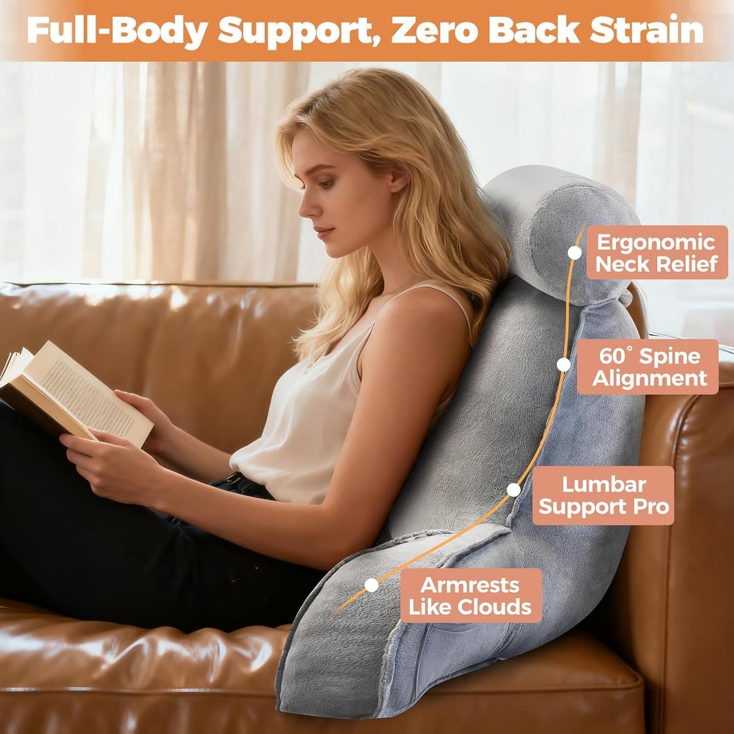 SKY-TOUCH Reading Pillow with Arms & Detachable Neck Roll – Memory Foam Reading Pillow for Bed or Sofa, Comfortable Support for Sitting, Reading, TV, Gaming - 75x40x68cm