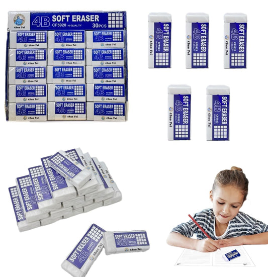 SKY-TOUCH 30PCS 4B Soft Eraser for Students & Artists, Clean Erasing for Exams & Sketching, PVC Rubber, Minimal Shavings, Ideal for Drawing & Writing