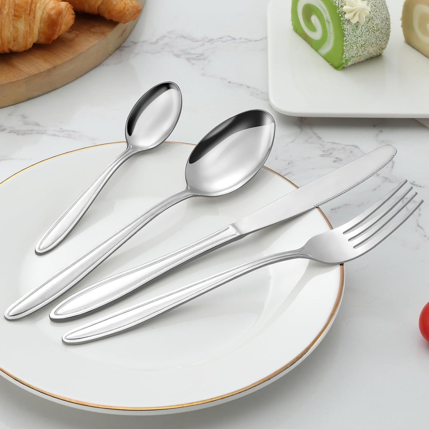 SKY-TOUCH Cutlery Set, 24-Piece Stainless Steel Flatware Set for 6 People, Spoon Knife and Fork Sets, Mirror Polished and Dishwasher Safe, Silverware Set for Home, Kitchen