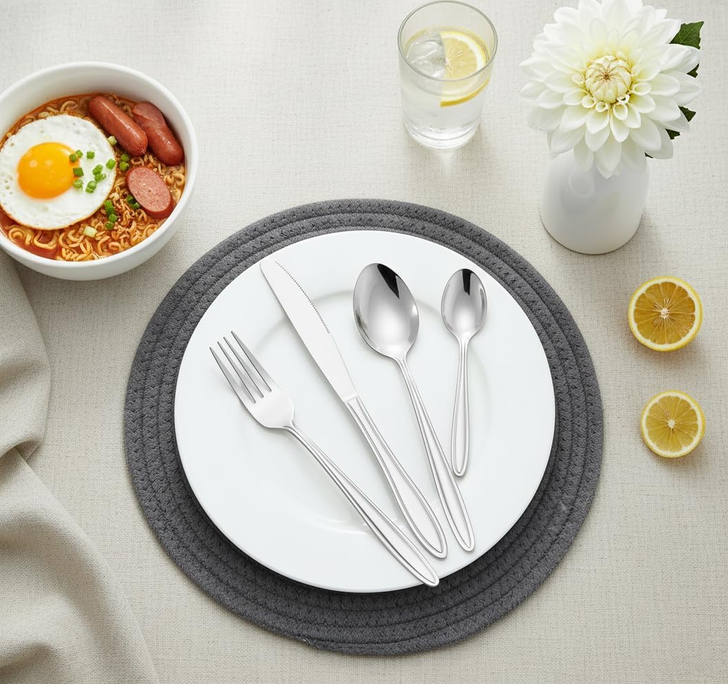 SKY-TOUCH Cutlery Set, 24-Piece Stainless Steel Flatware Set for 6 People, Spoon Knife and Fork Sets, Mirror Polished and Dishwasher Safe, Silverware Set for Home, Kitchen