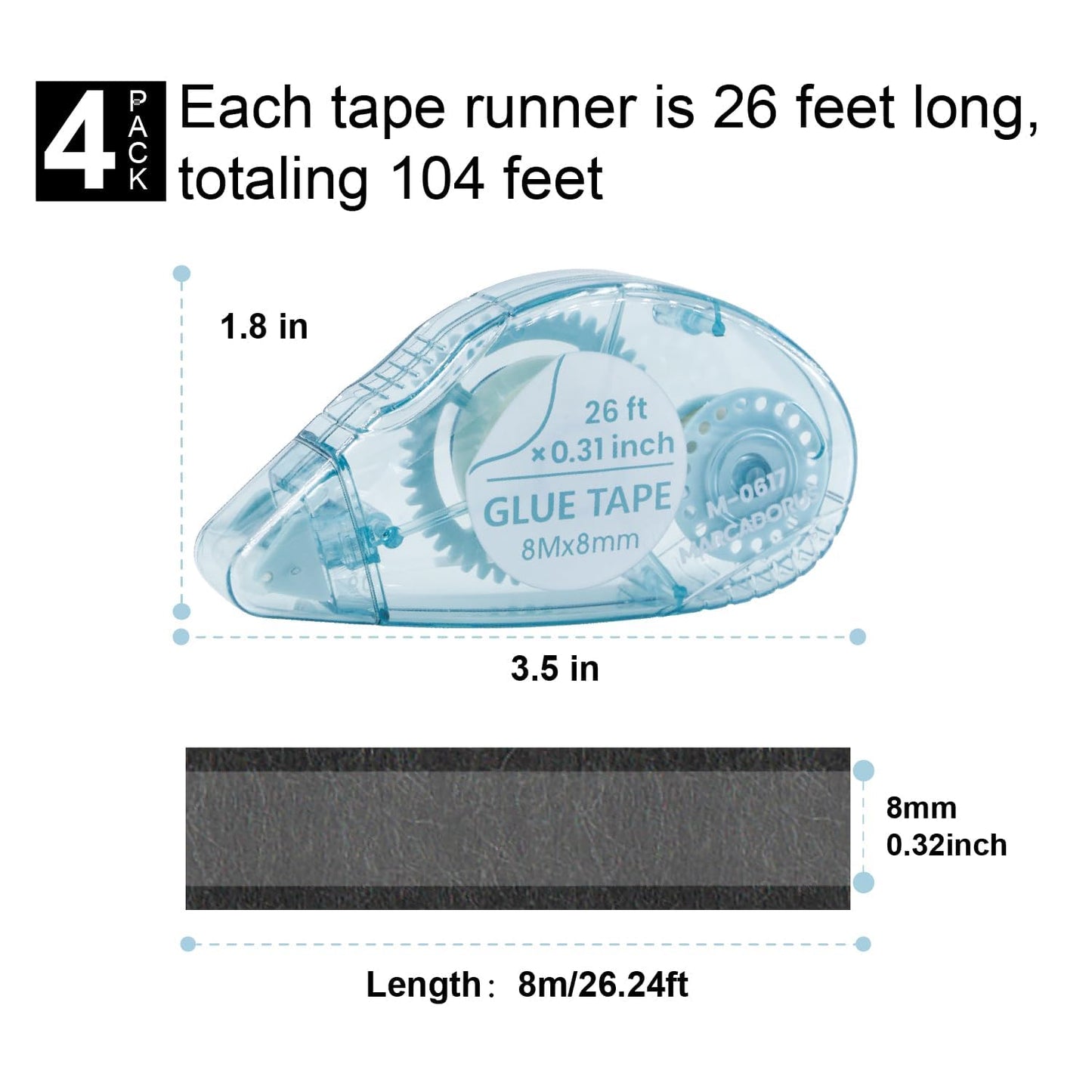 SKY-TOUCH 4PCS Glue Double-Sided Tape for Kids, 8M*8mm, Safe and Easy-to-Use Adhesive Tape for Crafts, Scrapbooking, School Supplies, Home Office